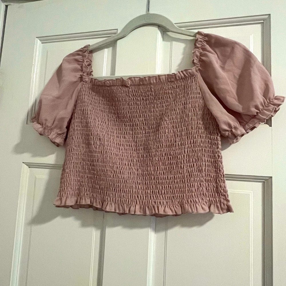 Women's Puff Short Sleeve Square Neck Shirred Crop Top Shirt Blouse Pink Large